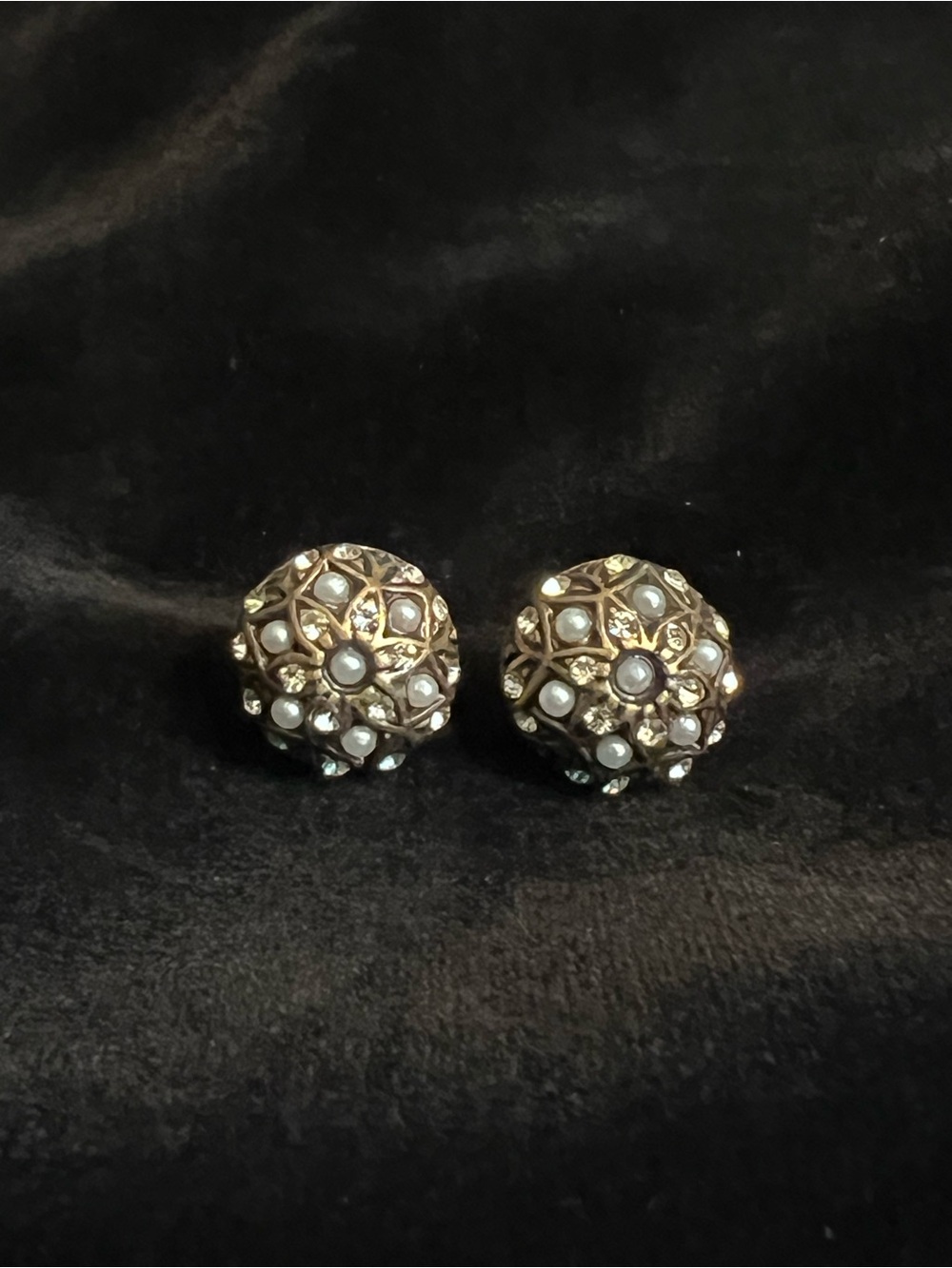 Gold Tone Button Stud Earrings dome shaped with faux pearls and crystals